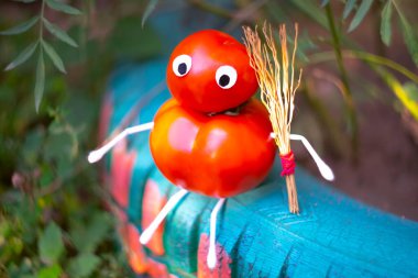 Bahçedeki domateslerden komik bir figür. Sebzelerle dekoratif bir çalışma örneği. Sonbahar hasadı.