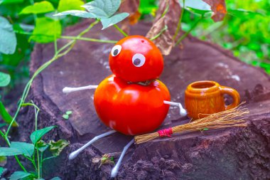 Bahçedeki domateslerden komik bir figür. Sebzelerle dekoratif bir çalışma örneği. Sonbahar hasadı.