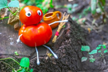 Bahçedeki domateslerden komik bir figür. Sebzelerle dekoratif bir çalışma örneği. Sonbahar hasadı.