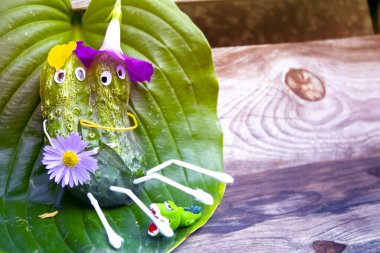 Bahçedeki salatalıklardan komik bir figür. Sebzelerle dekoratif bir çalışma örneği. Sonbahar hasadı.