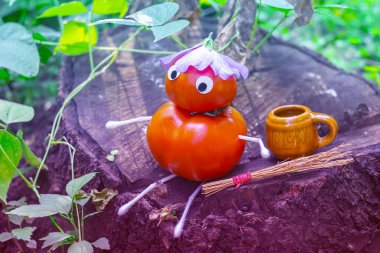 Bahçedeki domateslerden komik bir figür. Sebzelerle dekoratif bir çalışma örneği. Sonbahar hasadı.
