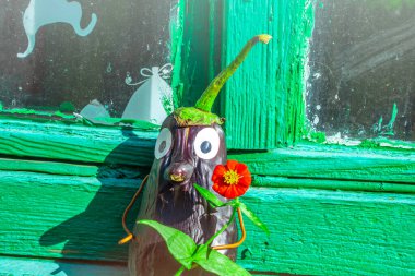 Bahçedeki patlıcandan komik bir figür. Sebzelerle dekoratif bir çalışma örneği. Sonbahar hasadı.