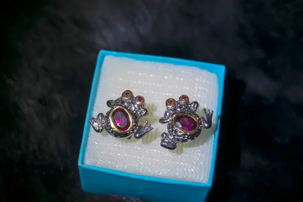 Silberschmuck Ohrringe Einer Geschenkbox — Stockfoto