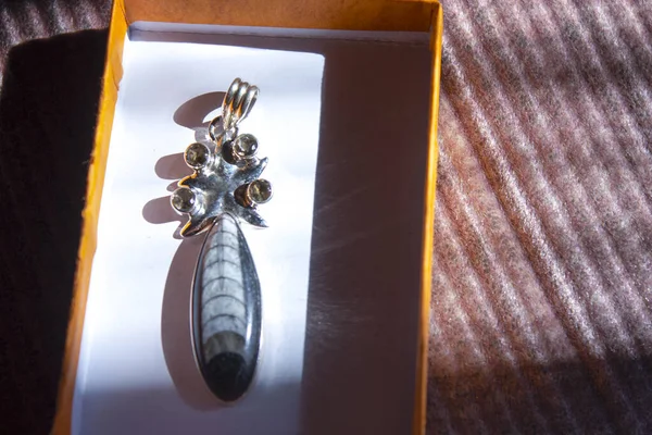 礼品盒中的银质珠宝挂件 — 图库照片