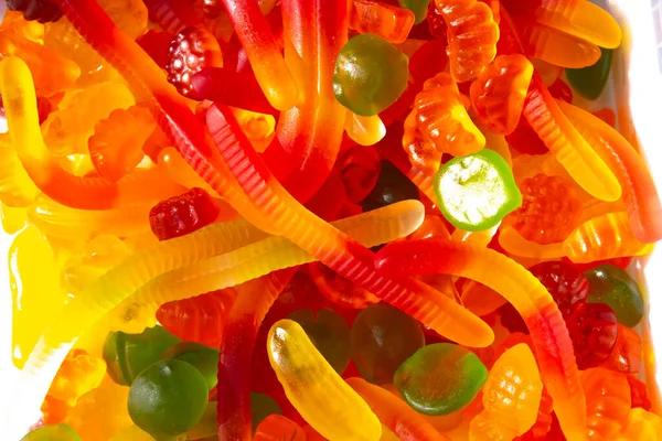 Closeup View Assorted Colorful Different Shape Jelly Candies Gummy Worms — Stock Photo, Image