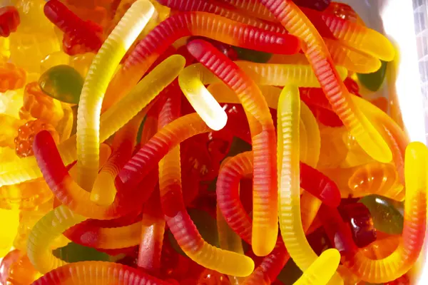 Renkli Değişik Şekilli Jöle Şekerlerinin Yakın Görüntüsü Jelibonlar Renkli Jelibonlar — Stok fotoğraf