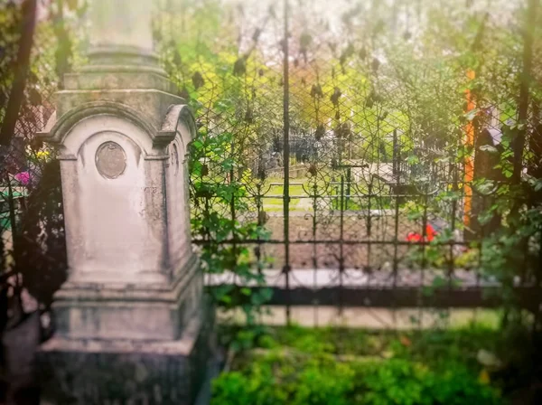 cemetery, old tombstone in rainy day