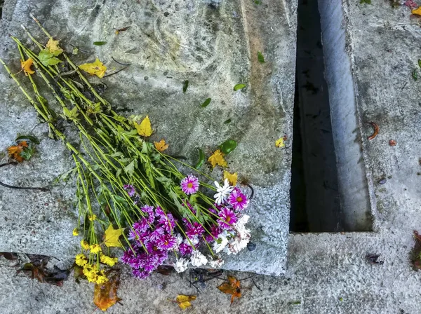 Neues Leeres Grab Friedhof Grünes Moos Auf Steindecke — Stockfoto