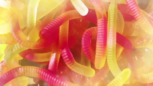 Closeup View Assorted Colorful Different Shape Jelly Candies Gummy Worms — Stock Video