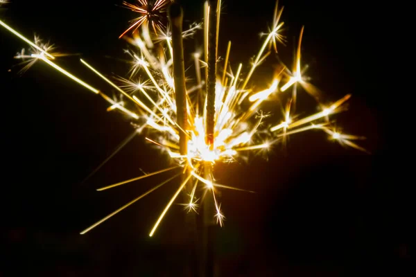 Feu Artifice Scintillements Lumières Bokeh Sur Fond Bleu Foncé — Photo