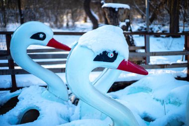 Karda duran kuğu şeklinde katamaranlar. tatil kavramı