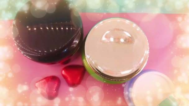 Diferentes Cosméticos Acessórios Maquiagem Fundo Rosa Azul Make Beauty Fashion — Vídeo de Stock