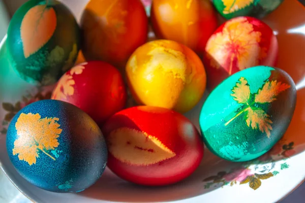 Traditional Easter Eggs Dyed Leaves Light Easter Holiday Religious Traditions — Stock Photo, Image