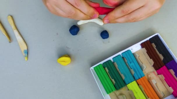 小孩是用桌上的塑料铸成的 孩子们手握彩色塑料 孩子们手握教育玩具 — 图库视频影像
