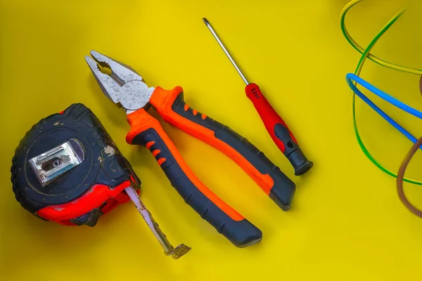 Set Tools Yellow Background Construction Diy Concept Equipment Workplace Screwdriver — Stock Photo, Image