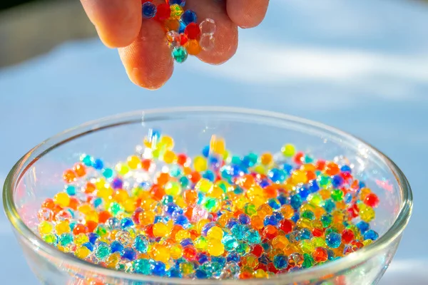 Veel Kleine Gelei Ballen Het Glas Veelkleurige Snoepballen Kleurrijke Hydrogel — Stockfoto