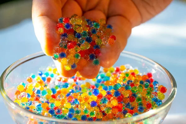 Veel Kleine Gelei Ballen Het Glas Veelkleurige Snoepballen Kleurrijke Hydrogel — Stockfoto