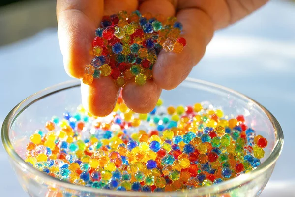 Veel Kleine Gelei Ballen Het Glas Veelkleurige Snoepballen Kleurrijke Hydrogel — Stockfoto