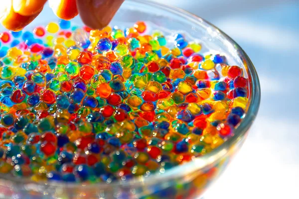 Veel Kleine Gelei Ballen Het Glas Veelkleurige Snoepballen Kleurrijke Hydrogel — Stockfoto