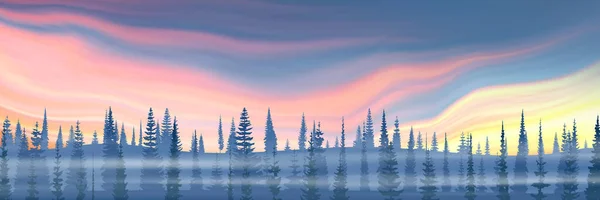 Fantasy Theme Winter Landscape Sunset Sky Forest Fog Vector Illustration — Stock Vector