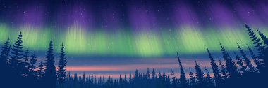 Fantasy on the theme of the northern landscape. Dusk and polar lights. Forest and sunset light. Vector illustration, EPS10. clipart