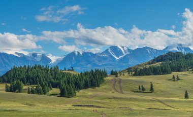 Dağ manzarası, güneşli bir yaz günü. Dağlarda dolaşmak, yürüyüş yapmak. 