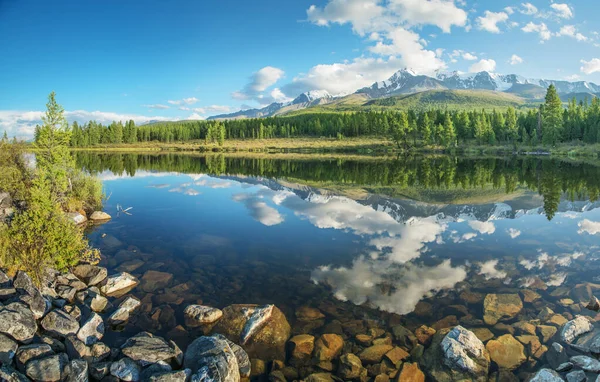 Lago Montês Pitoresco Altai Belo Reflexo Montanhas Céu Nuvens Brancas — Fotografia de Stock