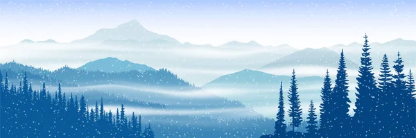 Winter Vector Landscape Panoramic View Mountain Peaks Fog Forest — Stock Vector