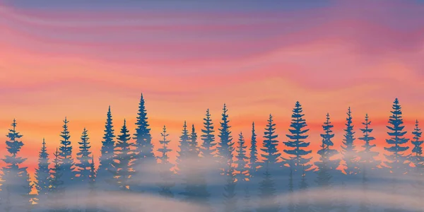 Wald Vor Dem Hintergrund Eines Dramatischen Sonnenuntergangs Vektorlandschaft — Stockvektor