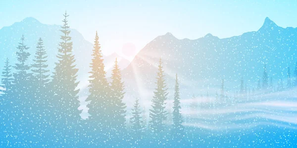 Winter Vector Landscape Snowy Mountain View Morning Light Sunrise — Stock Vector