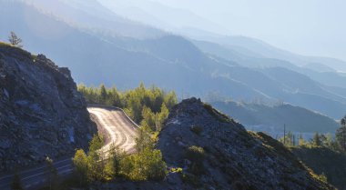 Sabah ışığında dağ yolu, yol derin bir geçitten geçer.