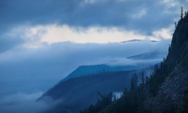 Mountain peaks in the morning mist. Rocks, forest, clouds.	
