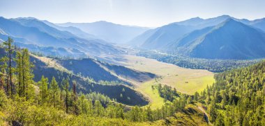Altai Dağlarının panoramik manzarası, güneşli bir yaz gününde pitoresk bir vadi.