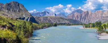Panoramic view of the mountain valley and the river Katun, Altai. Tourism in Russia. Scenic summer landscape.	