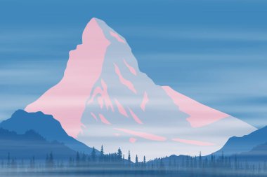 Matterhorn, Alpler 'in vektör çizimi. Dağlarda gezmek, tırmanmak. Şafak vakti manzara, gün doğumunda zirve..
