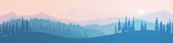 Vector Illustration Mountains Ridge Morning Haze Panoramic View Trees Setting — Archivo Imágenes Vectoriales