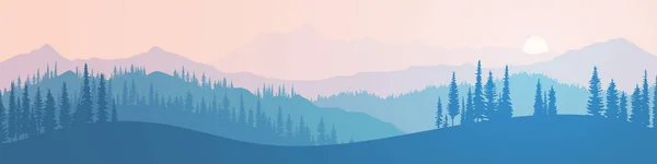 Vector Illustration Mountains Ridge Morning Haze Panoramic View Trees Setting — стоковый вектор