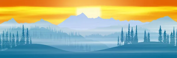 Векторная Иллюстрация Гор Хребет Утреннем Тумане Панорамный Вид — стоковый вектор
