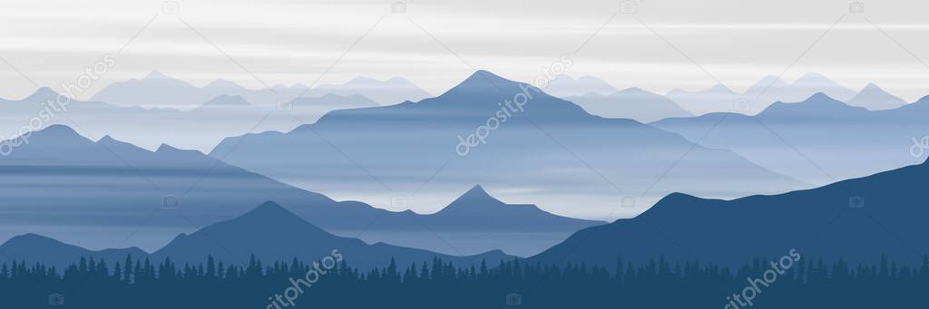 Vector illustration of mountains, ridge in the morning haze, panoramic view	