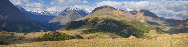 Панорамный Вид Горы Утренний Свет Крутые Склоны Снежные Вершины Лес — стоковое фото