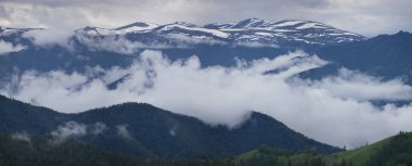 Bulutlardaki dağ zirveleri, panoramik görüntüler, Altai. Dağlarda yolculuk, yürüyüş..