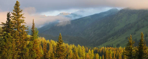 Sibirische Gebirgstaiga Wolkenlandschaft Sonnenuntergangshimmel Panorama Reisen Den Bergen Trekking — Stockfoto