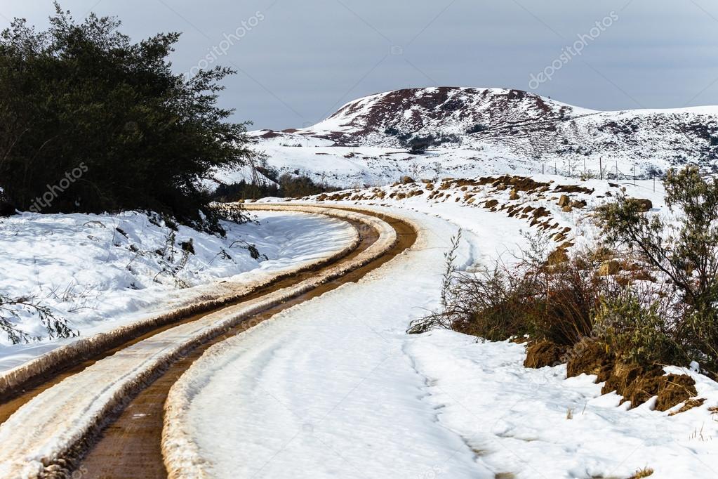 Dirt Road Tracks Snow Mountains