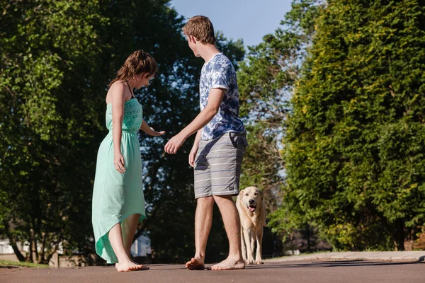 Teen Boy Girl Dog Walking Home — Stok Foto