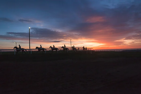 Άλογα αναβάτες Silhouetted ουρανό Sunrise — Φωτογραφία Αρχείου