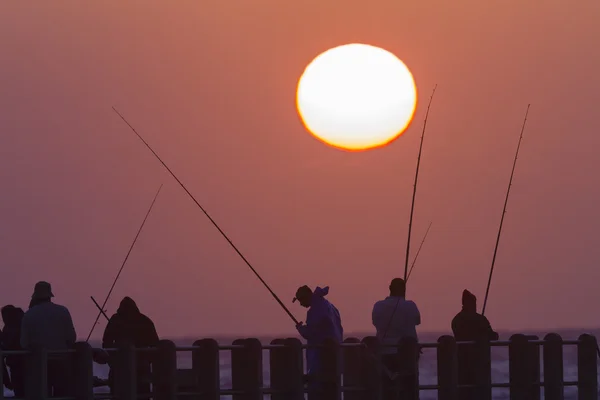 Fishing Sunrise Fishermen Silhouettes — Stock Photo, Image