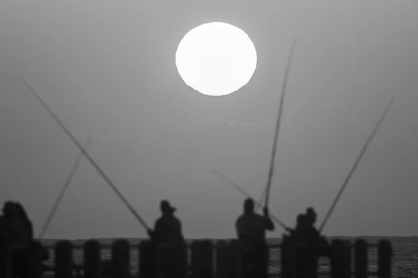 Silhouettes Sunrise Fishing Noir Blanc — Photo