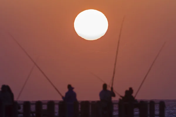 Fishing Sunrise Fishermen Silhouettes — Stock Photo, Image