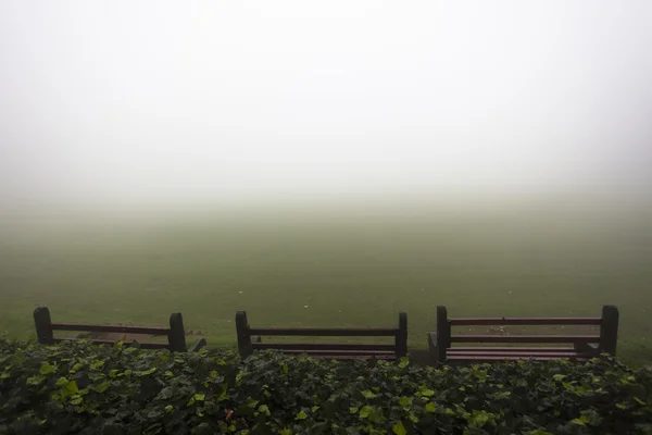 Stol bänkar fältet dimma — Stockfoto