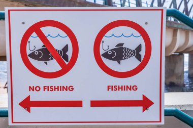 Kamu plajı gezinti tabelasında balıkçılık ve balıkçılık izni tabelası yok. Yakın çekim fotoğrafı..